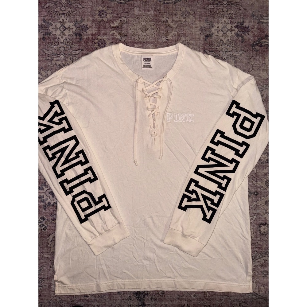 Victoria's Secret PINK Lace Up Long Sleeve T-Shirt Cream Logo Graphic Large - Picture 2 of 7